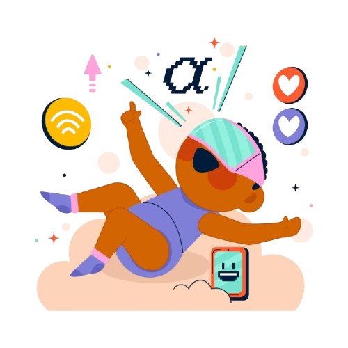 Illustration of a Gen Alpha techsetter floating with digital icons