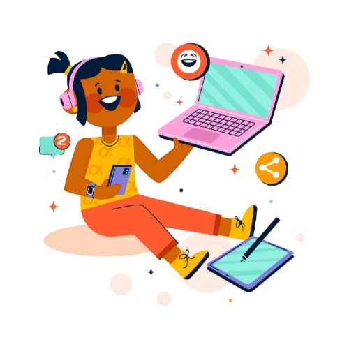 Illustration of a young techsetter with laptop and icons