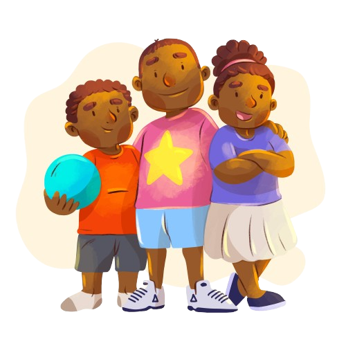 Three hand-painted children standing together, one holding a blue ball